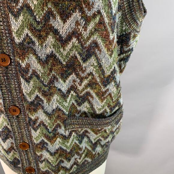 MISSONI SPORT Vintage Size M Green Grey Zig Zag Wool Blend Two Pockets Knit Vest - Picture 5 of 9